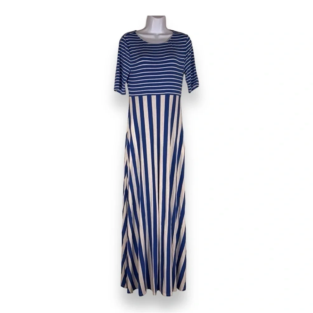 SMALL MATILDA JANE BLUE WHITE STRIPED DRESS STRETCH MAXI 3/4 Sleeve